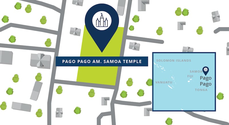 Um mapa mostra a localização do Templo de Pago Pago em Samoa Americana.