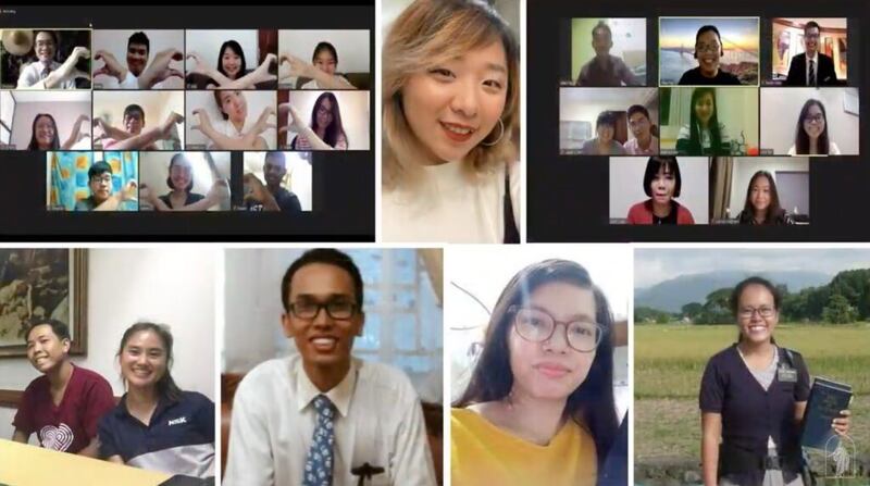 Imagens de jovens adultos são exibidas durante o devocional mundial com Élder Gong e sua esposa, a irmã Susan Gong, no domingo, dia 10 de janeiro de 2021.