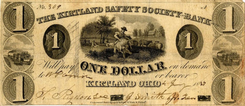 Uma nota de $1 da coleção de moedas e moeda corrente da Kirtland Safety Society na Biblioteca de História da Igreja. É um de vários documentos da Kirtland Safety Society no volume mais recente dos Documentos de José Smith.
