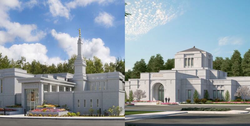 The current Anchorage Alaska Temple and a rendering of the planned reconstructed Anchorage Alaska Temple.