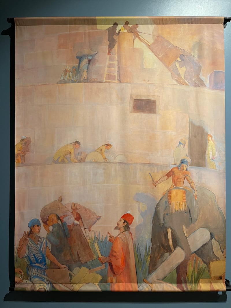 A construção da Torre de Babel é retratada em uma réplica de um mural no Templo de Manti Utah pintado por Minerva Teichert.