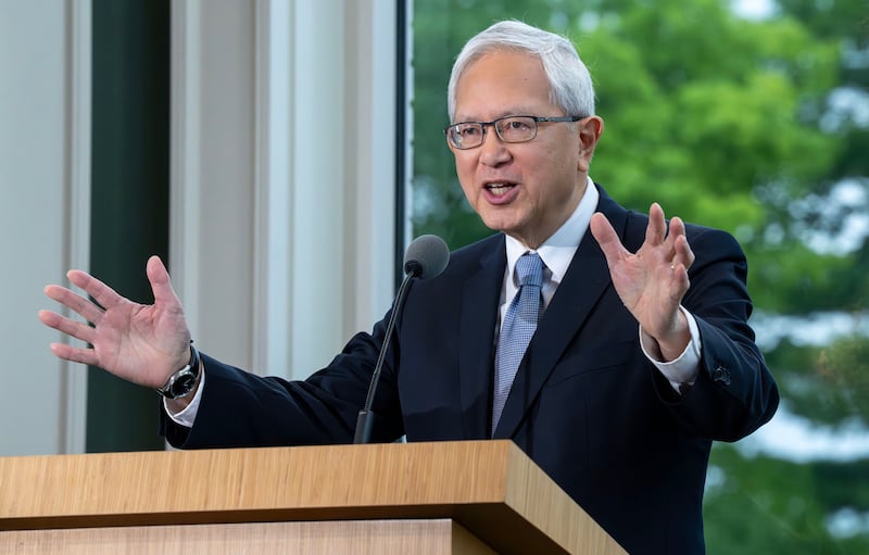 Elder Gerrit W. Gong of the Quorum of the Twelve Apostles of The Church of Jesus Christ of Latter-day Saints speaks during the dedication of the Nauvoo, Temple Visitor’s Center, and the rededication of the Brigham Young and Mary Ann Young home on Saturday, June 27, 2026.