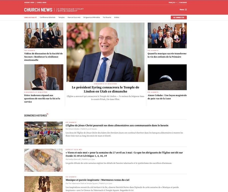 A página inicial do Church News em francês em 29 de abril de 2026.