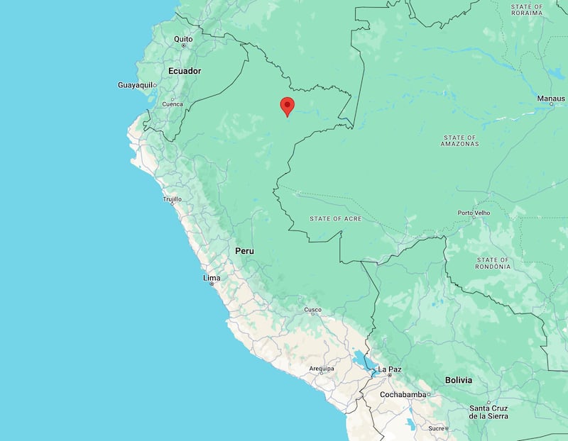A localização de Iquitos em relação ao país do Peru.