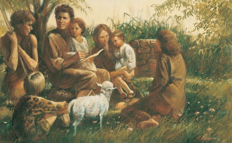 \"Adão e Eva Ensinando Seus Filhos\" é de Del Parson.