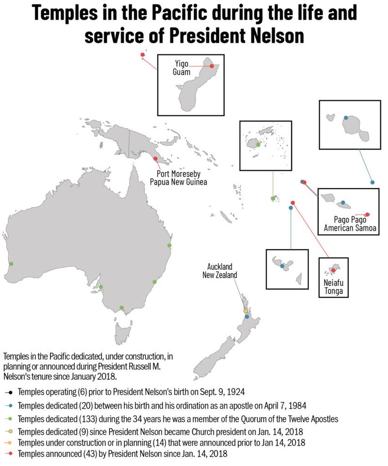 Templos no Pacífico durante a vida e tempo de serviço do Presidente Nelson. A legenda se aplica a todo o mapa, não apenas a esta seção.