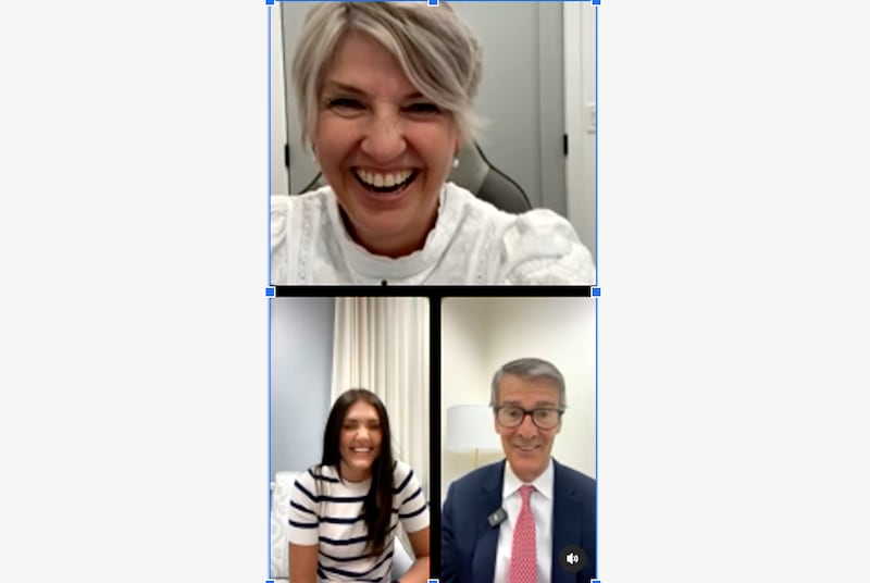 Young Women General President Emily Belle Freeman (top) is joined by Young Men General President Steven J. Lund (bottom right) and singer Halee Crowther (bottom left) during an Instagram live video on Aug. 6, 2024, where they answered questions about “Festival: A Youth Concert."