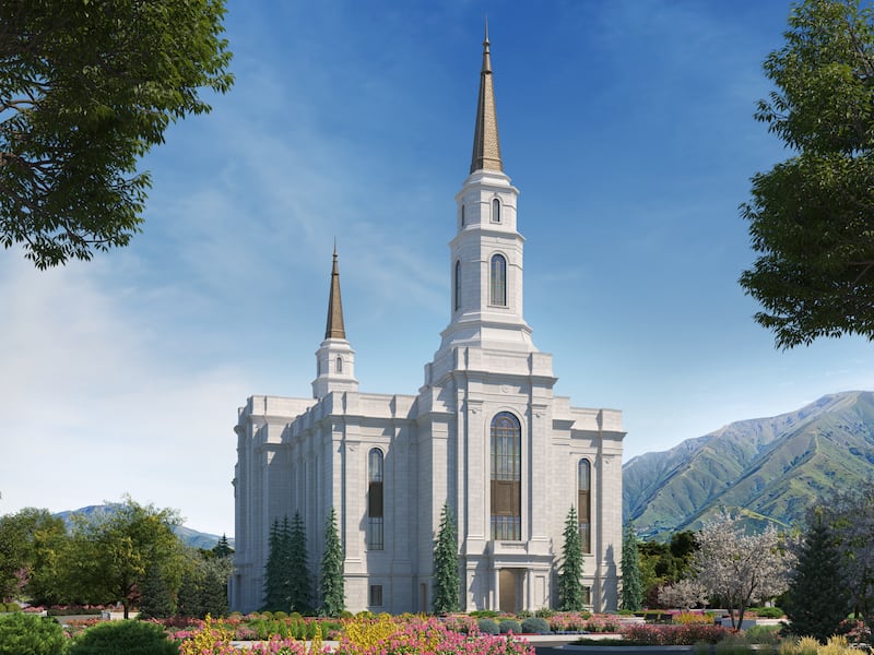 Uma ilustração do exterior do Templo de Spanish Fork em Utah.