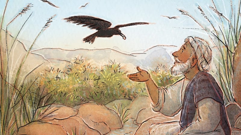 Uma ilustração mostra um corvo trazendo comida a Elias.