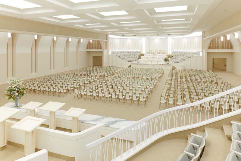 A sala de reuniões do Templo de Washington D.C. em julho de 2021. Esta sala relembra os templos do século XIX. Nesta sala, os líderes seniores da Igreja se reúnem com a liderança local para discutirem assuntos da Igreja.