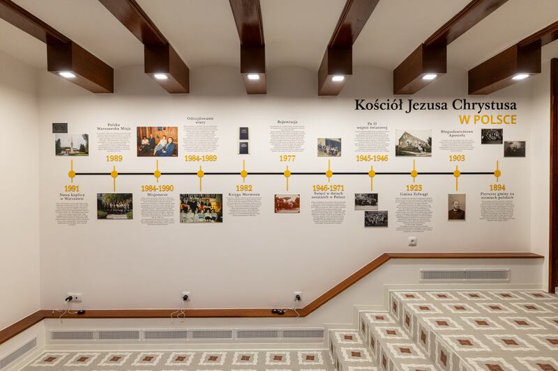 Uma linha do tempo mostra marcos importantes na história da Igreja na Polônia como parte da exposição de história da Igreja localizada no recém-renovado centro de visitantes Nowy Świat em Varsóvia, Polônia.
