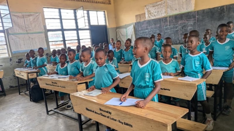Students of Kacyiru School enjoy their new desks donated by The Church of Jesus Christ of Latter-day Saints in Kigali, Rwanda, April 30, 2026.