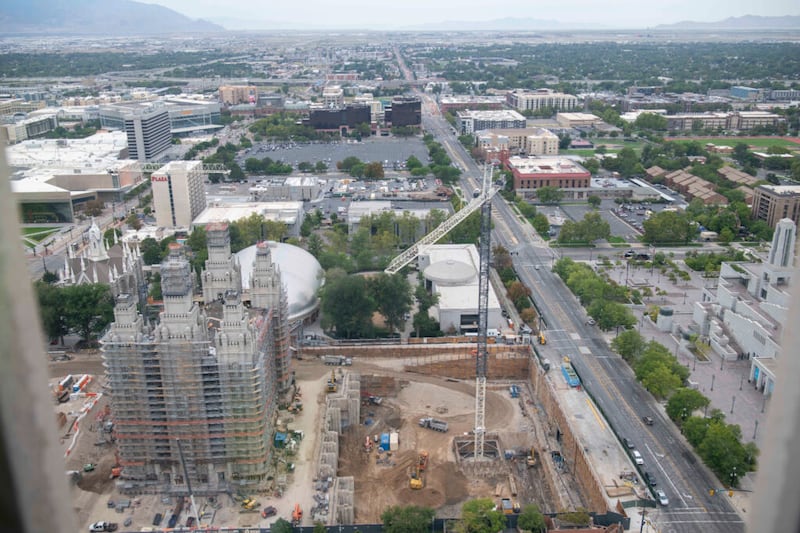 Vista aérea da Praça do Templo durante sua reforma, Salt Lake City, setembro de 2021.