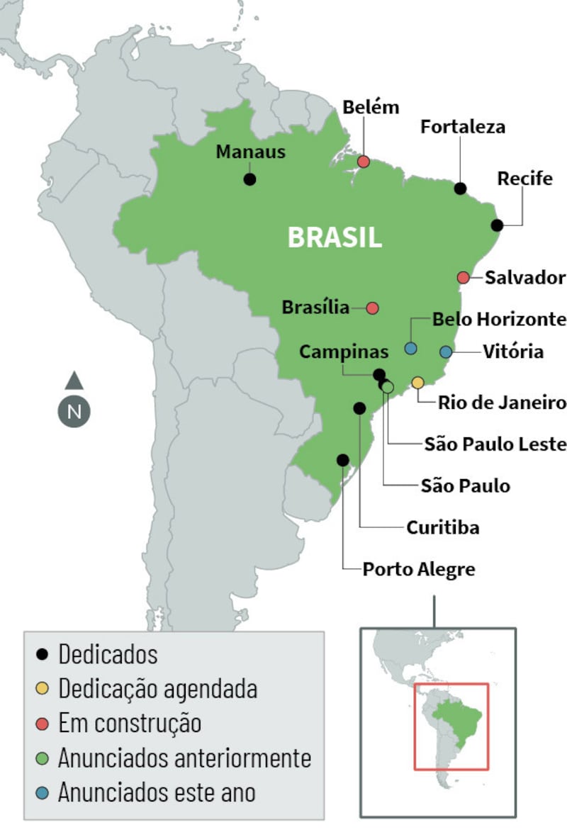 Mapa do Brasil com a localização e status de todos os templos até abril de 2023.