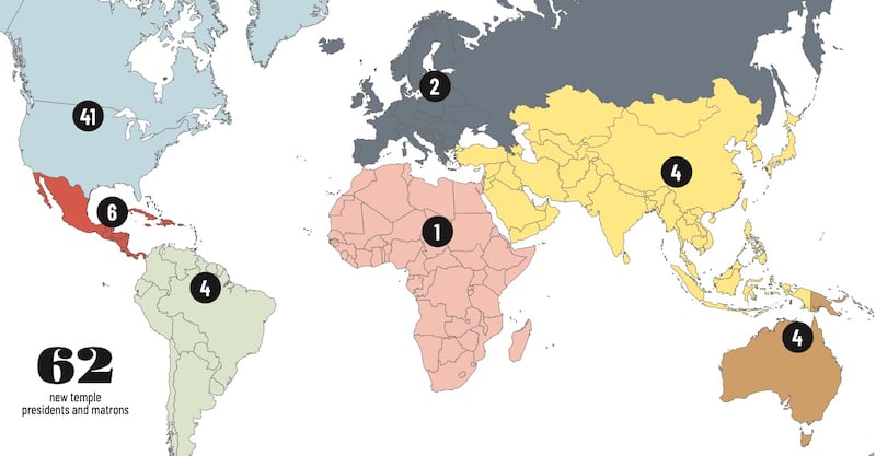 Um mapa mostra o número de casas do Senhor com novos presidentes e diretoras chamadas para servir em cada área do mundo.