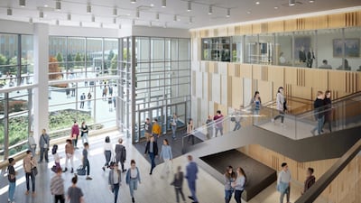 Ilustração feita por computador do saguão do futuro prédio que abrigará a Faculdade de Belas Artes e Comunicações da Universidade Brigham Young em Provo, Utah.