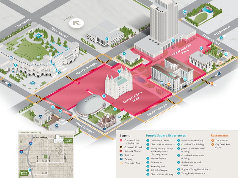 Mapa das zonas de construção na Praça do Templo em Salt Lake City em setembro de 2022.
