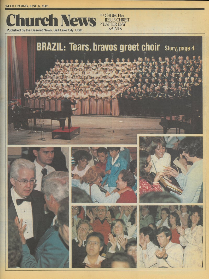 Fotos dos concertos do Tabernacle Choir na Praça do Templo no Brasil em maio de 1981 foram destacadas na capa do Church News em 6 de junho de 1981.