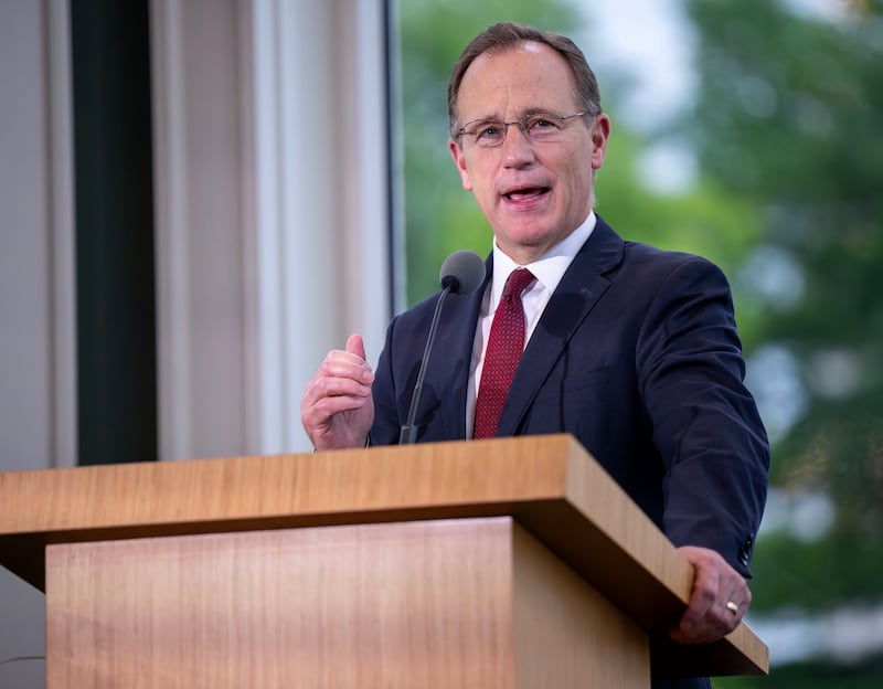 Elder Kyle S. McKay, a General Authority Seventy who serves as Church historian and recorder, speaks at the dedication of the Nauvoo Temple Visitors' Center in Nauvoo, Illinois, on Saturday, June 27, 2026.