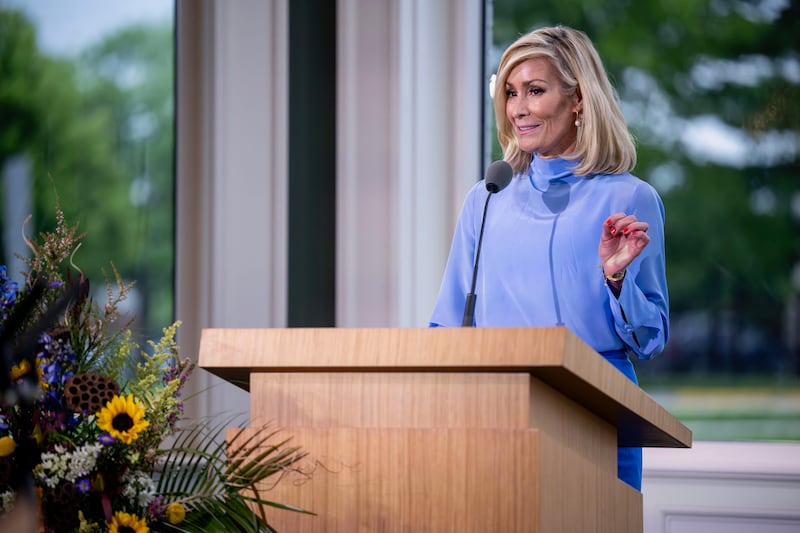 Sister Tamara W. Runia, first counselor in the Young Women general presidency, speaks at the dedication of the Nauvoo Temple Visitors' Center in Nauvoo, Illinois, on Saturday, June 27, 2026.