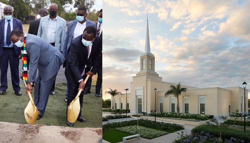 À esquerda, o presidente da República do Zimbábue se junta a Elder Edward Dube no início da construção do Templo de Harare Zimbábue. À direita, o templo de Harare está antes de sua casa aberta em janeiro de 2026.