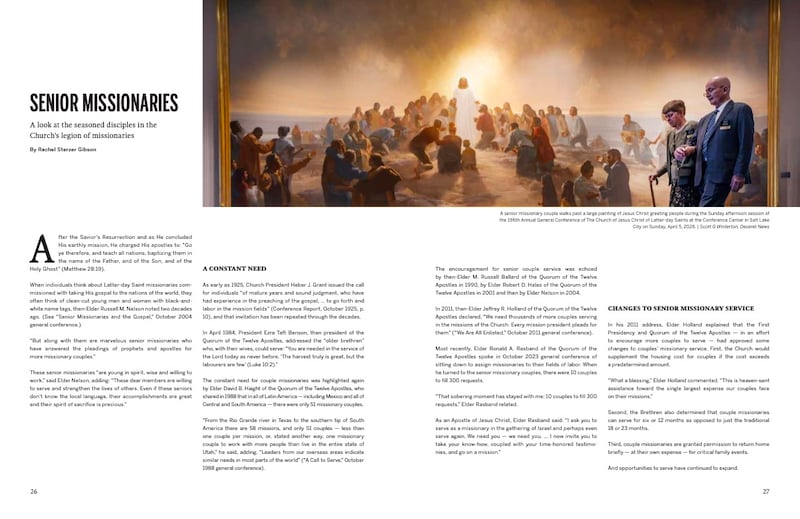 Páginas 26-27 da revista Trabalho Missionário de A Igreja de Jesus Cristo dos Santos dos Últimos Dias inclui um artigo sobre missionários sênior.