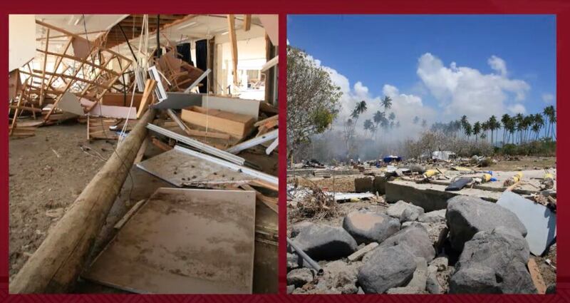 Élder K. Brett Nattress, Setenta Autoridade Geral, compartilha fotos dos danos causados pelo tsunami de 2009 em Samoa durante um devocional da BYU-Havaí no dia 5 de outubro de 2021.