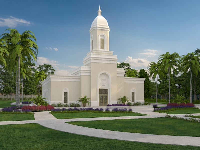 Ilustração do exterior do Templo de San Juan Porto Rico, que está agendado para ser dedicado em janeiro de 2023.