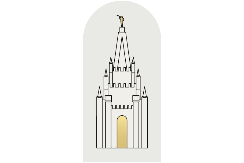 O logotipo do tema de juventude de 2027 é um desenho em estilo silhueta em preto e branco do Templo de Salt Lake em um fundo cinzento com uma porta dourada e uma estátua do Anjo Morôni dourada.