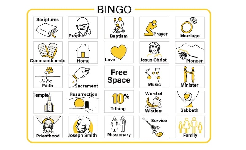 Um jogo de estilo bingo com termos relacionados à Igreja é um dos jogos relacionados à conferência geral disponíveis para download do Church News.