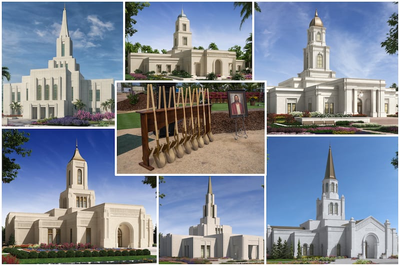 Seis ilustrações do exterior de templos, com uma foto de pás de cerimônia de lançamento da pedra fundamental e uma pintura de Cristo.