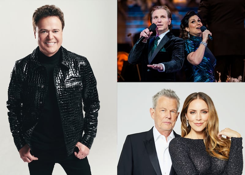 Donny Osmond, à esquerda; Sebastian Arcelus e Stephanie J. Block, no canto superior direito, e David Foster, Katharine McPhee, participarão da Tabernacle Choir e Orchestra na Praça do Templo como artista convidado para o "Songs of Hope Benefit Concert" no Hollywood Bowl em Los Angeles, Califórnia, em 24-25 de junho de 2026.