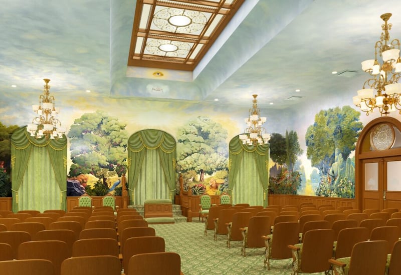 Uma representação artística da renovada sala do jardim no Templo de Salt Lake, dezembro de 2019.