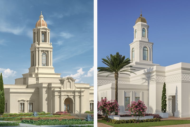 Ilustrações arquitetônicas do Templo de San Luis Potosí México, à esquerda, e Templo de Torreón México, à direita.