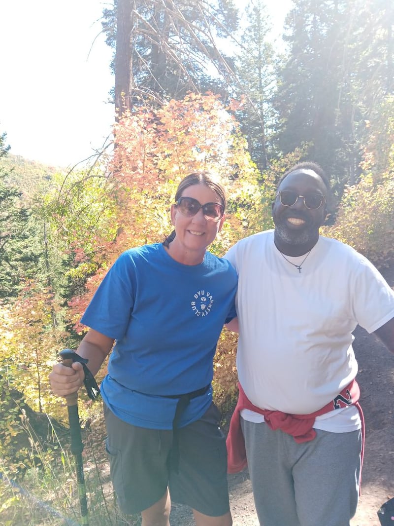 Krissy Miller, left, and Shiller Joseph smile while hiking together. Miller and Joseph met while hiking the Y in September 2023, and Miller donated her kidney to Joseph in April 2024.