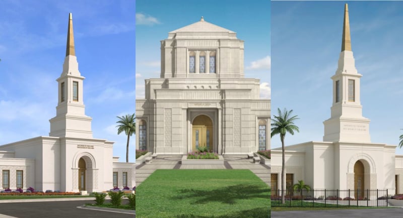 Destaques das ilustrações do exterior dos templos, da esquerda para a direita, de Port Moresby Papua Nova Guiné, Belo Horizonte Brasil e Port Vila Vanuatu.