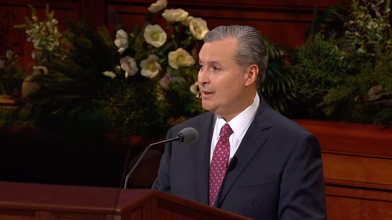 Elder Pedro X. Larreal, General Authority Seventy, speaks during the Sunday morning session of the 196th Annual General Conference of The Church of Jesus Christ of Latter-day Saints in the Conference Center in Salt Lake City on April 5, 2026.