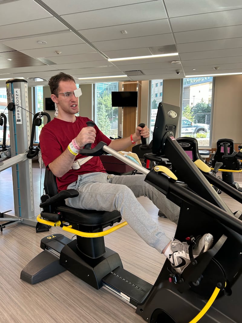 Israel Garcia doing indoor therapy at the Craig Neilsen Rehabilitation Hospital in Salt Lake City August 2025. He spent about 109 days doing therapy there.
