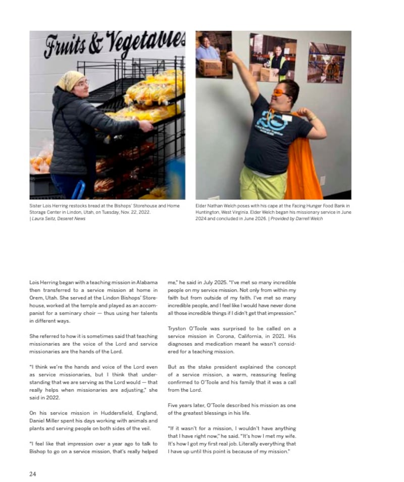 Página 24 da revista Trabalho Missionário de A Igreja de Jesus Cristo dos Santos dos Últimos Dias inclui um artigo sobre missionários de serviço.
