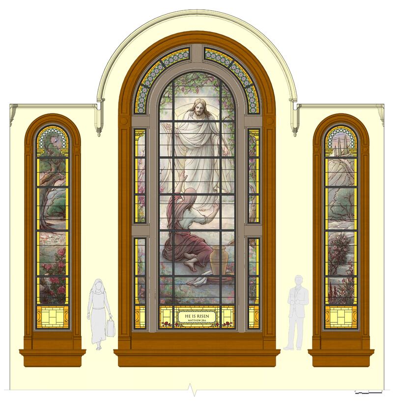 Uma ilustração do vidro artístico recentemente instalado nos edifícios de entrada do templo no lado norte da Praça do Templo em Salt Lake City.