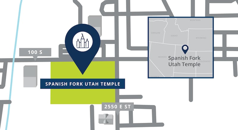 Um mapa com um ícone indicando a localização do local do Templo de Spanish Fork Utah, com estradas próximas.