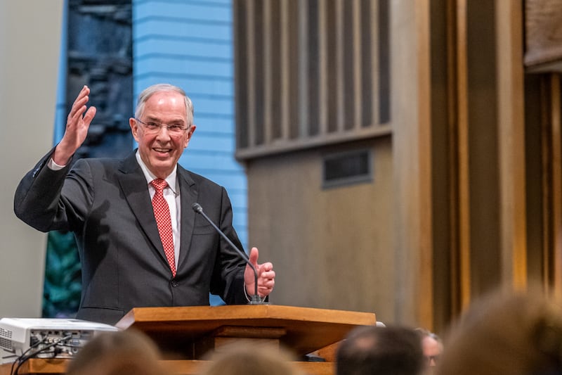 Elder Neil L. Andersen of the Quorum of the Twelve Apostles speaks during a young adult devotional in Placentia, California, on Saturday, May 16, 2026.