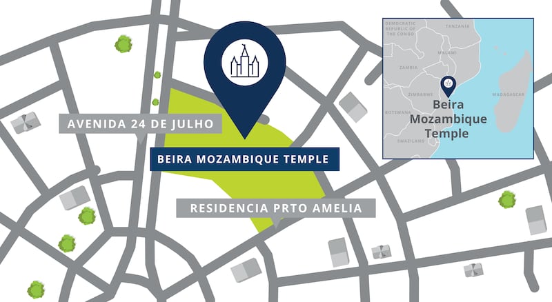 Um mapa com um marcador mostrando a localização do local do Templo de Beira Moçambique, com estradas próximas.