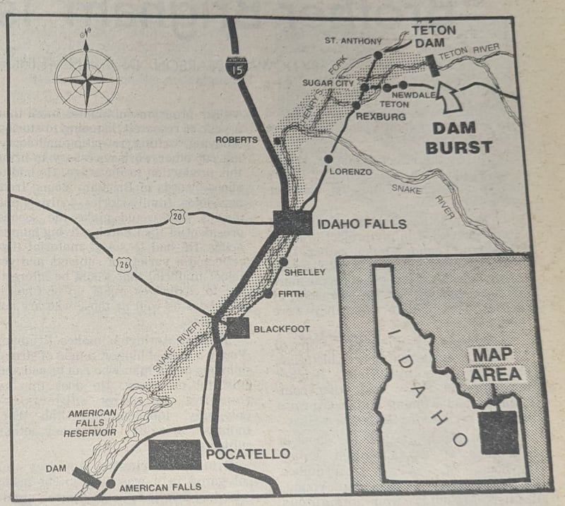 Um mapa do Church News de 12 de junho de 1976 mostra o caminho da enchente da Barragem Teton, que se rompeu em 5 de junho de 1976.