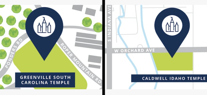 Mapas do local para o Templo de Greenville Carolina do Sul, à esquerda, e Templo de Caldwell Idaho, à direita.