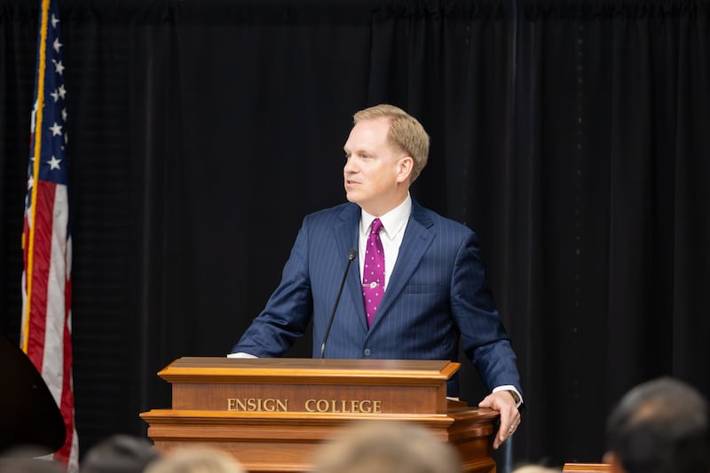 Deseret News publisher Burke Olsen speaks during an Ensign College devotional in Salt Lake City, Sept. 8, 2026.