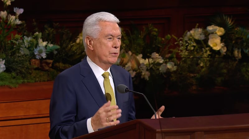 President Dieter F. Uchtdorf, acting president of the Quorum of the Twelve Apostles, speaks during the Sunday morning session of the 196th Annual General Conference of The Church of Jesus Christ of Latter-day Saints in the Conference Center in Salt Lake City on April 5, 2026.
