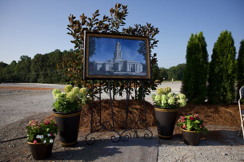 An architectural rendering of the Huntsville Alabama Temple is displayed at its groundbreaking ceremony on Saturday, Aug. 15, 2026, in Madison, Alabama.