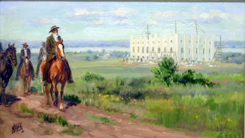 A pintura “Joseph Smith e o Templo de Nauvoo”, de Valoy Eaton, retrata o Profeta cavalgando até a Cadeia de Carthage, com o Templo de Nauvoo em construção ao fundo.