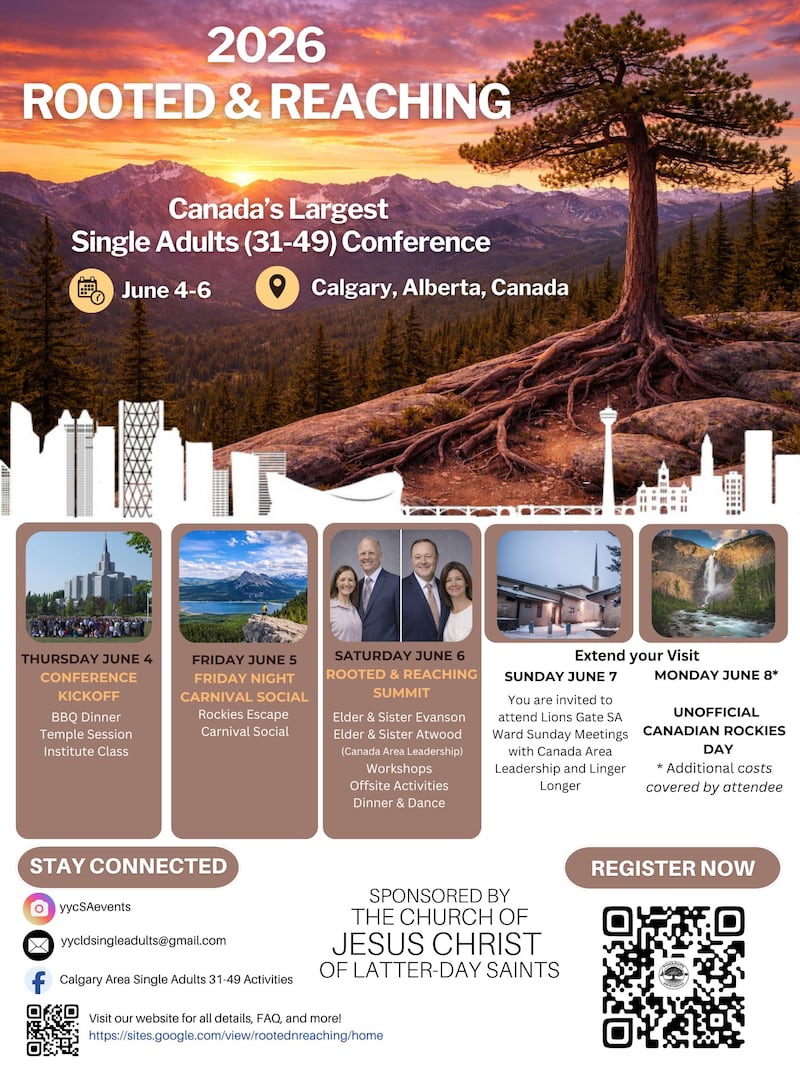 A Conferência de Adultos Solteiros Enraizados e Alcançando de 2026 acontece de 6 a 8 de junho em Calgary, Alberta, Canadá.